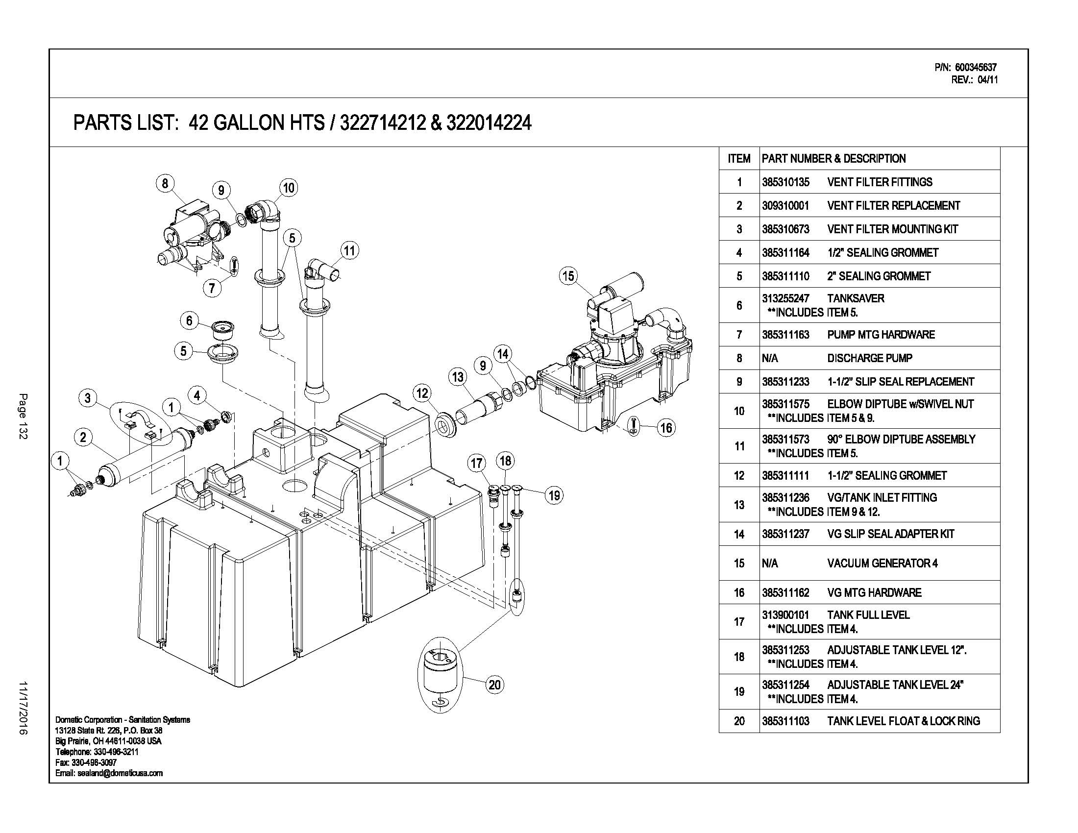 Sealand Dometic 42HTSVG Vacuum Holding Tank Spare Parts